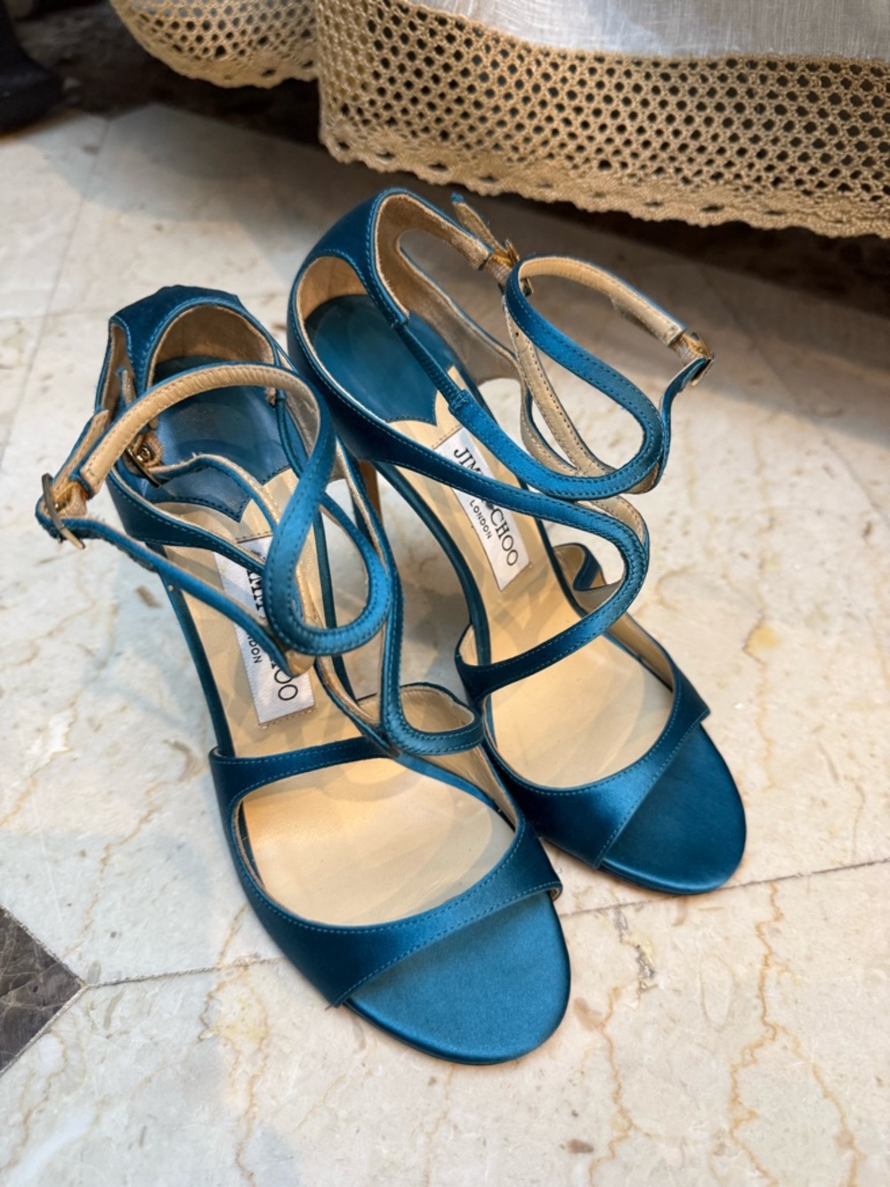 Jimmy Choo teal women’s Azia 95 satin sandals